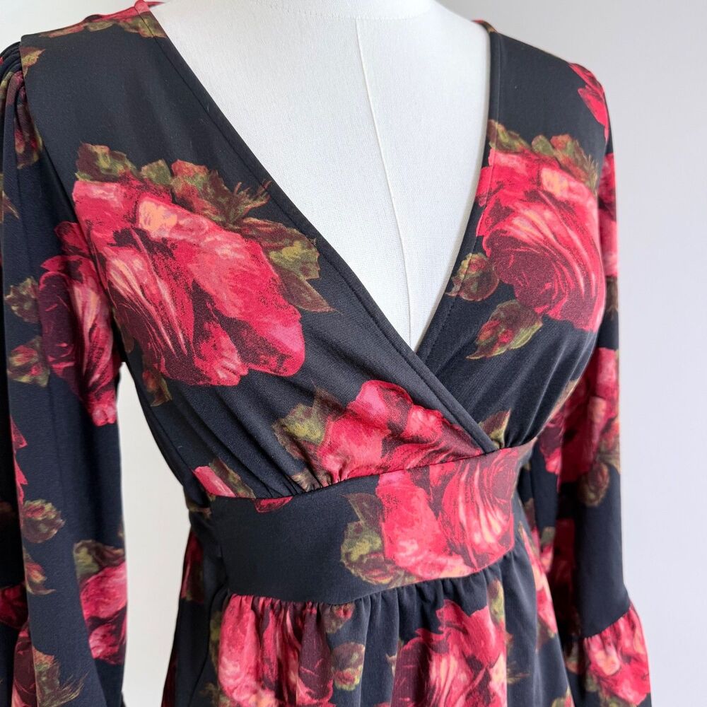 Betsey Johnson Floral Wrap Top S Black Red Roses Bell Sleeve Peplum Boho Romance - Picture 3 of 13